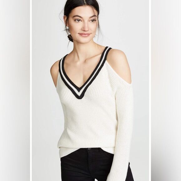 Jack BB Dakota Women's Made The Squad Cold Shoulder Striped V-Neck Sweater - Picture 2 of 5